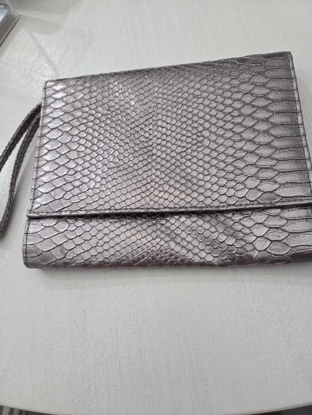 Neiman Msrcus Faux Snakeskin Metallic Silver Clutch